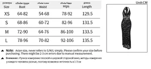 Size chart showing bust, waist, and hip measurements for this lace backless dress