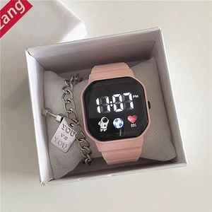 Pink digital watch and silver engraved bracelet set in a premium white gift box