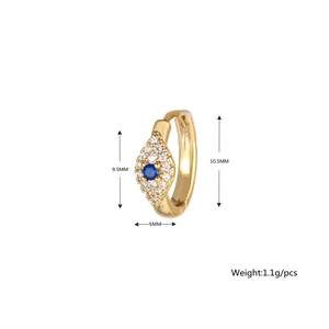 Detailed view of evil eye hoop earring with blue zircon and exact size measurements