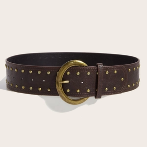 Ceinture large en cuir marron foncé style punk avec rivets dorés et boucle ronde