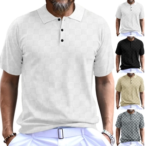 Close-up of men's polo shirt featuring white waffle weave texture and 3-button placket
