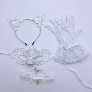 White lace Halloween cat set with lace mask headband gloves and bell choker