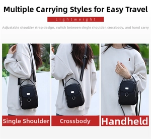 Three-way carry demonstration of black nylon crossbody bag with adjustable strap