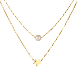 Double-layered gold stainless steel necklace featuring a white pearl and star pendant
