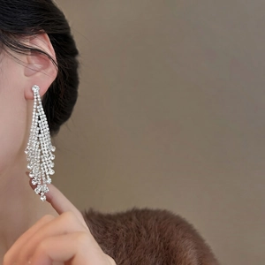 Close-up of model wearing long silver tassel earrings with sparkling rhinestones