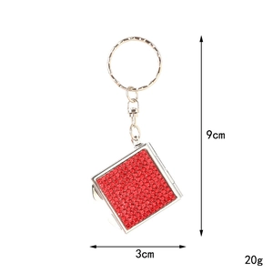 Detail of red rhinestone square makeup mirror keychain with 9cm length and silver chain
