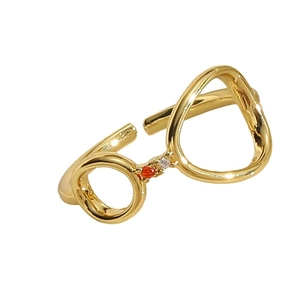 Adjustable 14K gold plated bamboo ring with glasses design and zircon accents