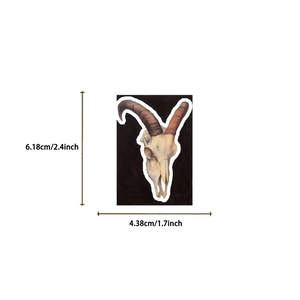 Detailed dimension guide showing 2.4x1.7 inch gothic goat skull waterproof sticker