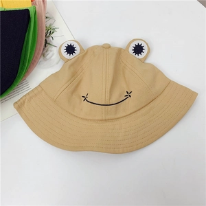Detail of khaki cotton frog bucket hat with cute 3D eyes and embroidery design
