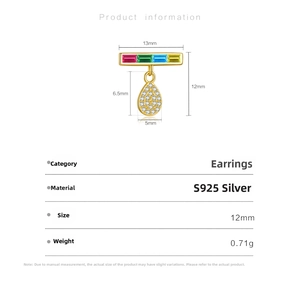 Detailed size specifications of S925 silver water drop earrings with colorful zircon stones