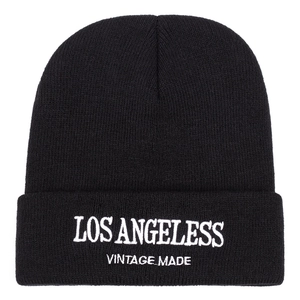 Black knit beanie with Los Angeles vintage embroidery, stylish winter warm hat for adults