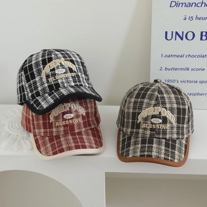 Kids Vintage Plaid Tweed Baseball Cap Letter Embroidery Autumn Winter Adjustable Warm Duck Tongue Hat