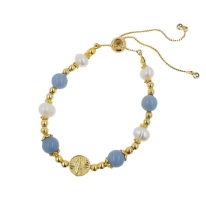 Elegant 18k gold plated beaded bracelet with Virgin Mary medal and blue accents