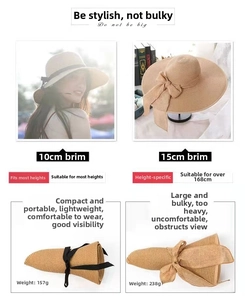 Detail view of 10cm and 15cm brim straw hats with foldable design and bow accents
