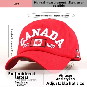 Detailed technical diagram of red cotton Canada baseball cap with size and weight specs