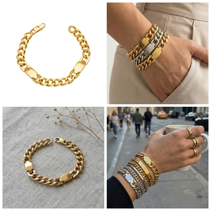 Detailed views of Cuban chain bracelet with rectangular bars in gold and silver finish