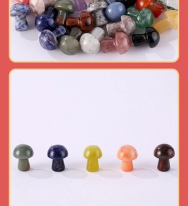 Detailed view of assorted natural stone mushroom charms in various vibrant colors