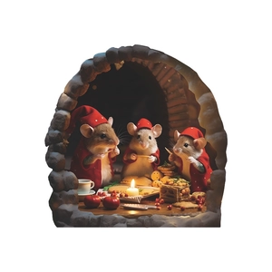 3D Christmas mouse hole wall sticker with cute mice dining in a cozy stone cave