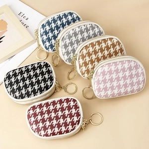 Mini cowhide leather coin purses with houndstooth pattern and keyrings in six colors