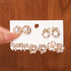 5-pair gold earring set with pearls, rhinestones, bowknots and flowers for women