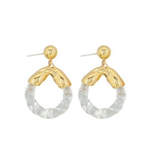 Elegant gold metal hoop earrings with translucent white spiral glass rings for women