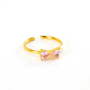 18K gold-plated titanium steel adjustable open ring with pink heart-shaped zircon bow