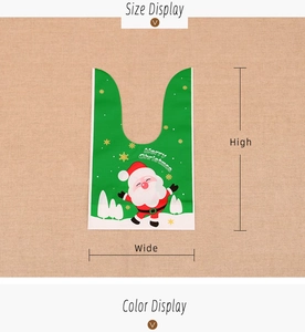 Size guide for green Christmas gift bag featuring Santa Claus and snowflake patterns