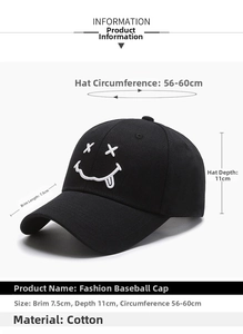 Detailed sizing chart for black cotton baseball cap with embroidered smiley face graphic