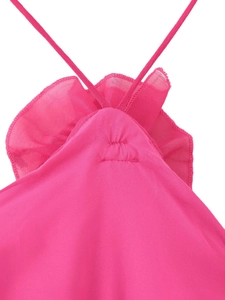 Detail of rose pink ruffle camisole showing pleated neckline and thin shoulder straps