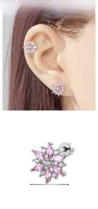 Macro detail of snowflake earring with pink zircon and 1.21cm size measurements