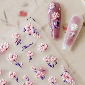 5D floral embossed nail art stickers with delicate 3D pink flower petal patterns