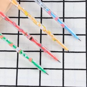 Detail showing fruit-themed non-sharpening pencils with whistle caps in four colors