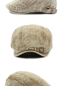 Detailed views of a khaki washed denim flat cap with stitching and adjustable metal buckle