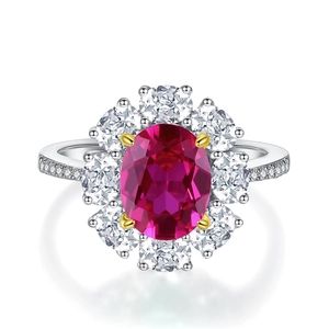 Elegant 925 sterling silver ring with oval ruby center stone and halo diamond settings
