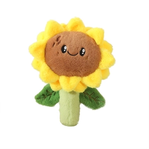Coussin peluche tournesol mignon avec visage souriant sur fond blanc minimaliste