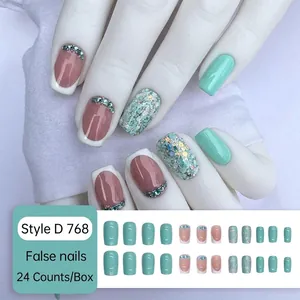 French style mint green false nails with rhinestones and floral glitter designs, 24pcs/set