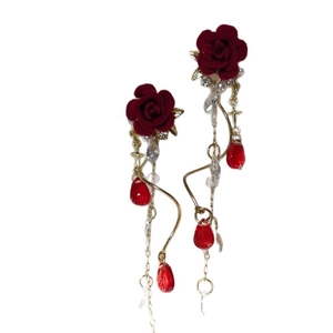 Elegant vintage burgundy flocked rose earrings with long gold tassel and teardrop beads