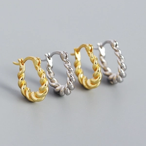 Retro geometric twisted rope U-shaped S925 silver hoop earrings in gold and silver