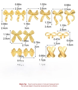 Size guide for gold stainless steel bow and flower earrings with precise dimensions