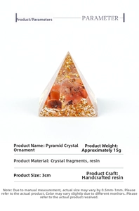 Macro detail of 3cm crystal pyramid ornament with embedded gold foil and resin chips