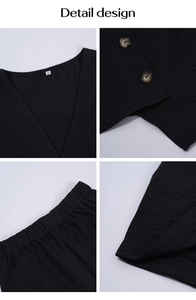 Dettagli del gilet con scollo a V e pantaloncini con elastico in vita in tessuto nero
