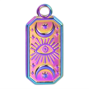Detail of rainbow-plated stainless steel rectangular pendant with celestial eye engraving