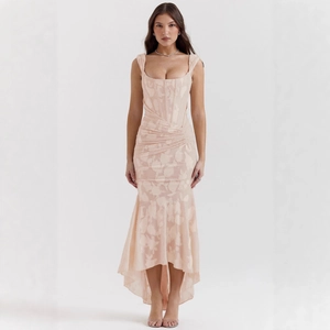 Sleepless strapless jacquard fishtail maxi dress in champagne pink with corset waist