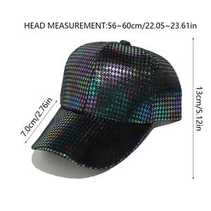 Detailed dimensions and sizing guide for iridescent sequin baseball cap showing fit