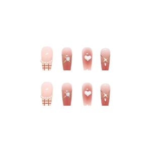 French gradient press-on nails with 3D hearts, pearls and plaid pattern on white background