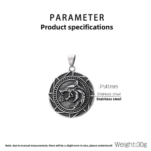 Macro shot of 41mm stainless steel Viking wolf pendant with Valknut symbols and weight specs