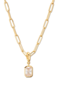 Detailed view of an 18K gold plated chain with a clear rectangular crystal pendant