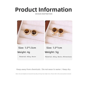 Detailed size and weight specs for vintage resin stud earrings with gold alloy and rhinestones