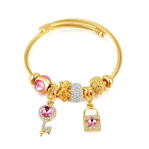 Women Charm Bracelet Stainless Steel Gold Plated With Pink Crystal Key And Heart Lock Pendants Twisted Cable Chain Bangle