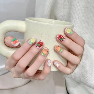 Press On Nails 3D Fruit Vegetable Handmade Cute Pink Glitter Short Square Round Artificial Nails For Women Girls